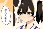  1girl animal_on_head bad_id brown_eyes brown_hair bust cat cat_on_head face kaga_(kantai_collection) kantai_collection mattari_yufi side_ponytail solo translation_request 