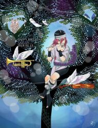  1girl bandages bird black_hat black_sandals black_shorts brown_eyes commentary dated flute full_body grey_shirt hair_between_eyes happy_birthday hat holding holding_flute holding_instrument in_tree instrument long_hair music naruto_(classic) naruto_(series) owl paper_airplane pelvic_curtain playing_flute playing_instrument red_hair rope sandals shimenawa shirt short_sleeves shorts sign sitting sitting_in_tree solo tayuya_(naruto) tree trumpet undershirt violin yanbonya 