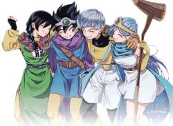  2boys 2girls aqua_cloak arm_around_shoulder bag belt black_bodysuit black_gloves black_hair blue_gem blue_hair blue_ribbon blue_tunic bodysuit boots braid breasts brown_belt brown_gloves circlet cloak closed_eyes commentary_request cow dragon_quest dragon_quest_iii dress earrings elbow_gloves fingerless_gloves gem gloves green_gem green_tunic grey_hair grin hair_between_eyes hair_ribbon hero_(dq3) holding holding_staff jewelry knees_together_feet_apart long_hair martial_artist_(dq3) medium_breasts multiple_boys multiple_girls neckerchief one_eye_closed pants parted_lips pink_neckerchief poro482ii purple_cloak ribbon roto_(dq3) sage_(dq3) shirt short_dress short_hair shorts shoulder_bag side_braid sleeveless sleeveless_dress smile staff strapless strapless_dress teeth thief_(dq3) tunic twintails vest white_background white_dress white_shorts yellow_bodysuit yellow_boots yellow_eyes yellow_gloves yellow_pants yellow_shirt yellow_vest 