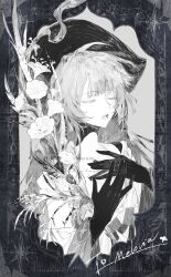  1girl absurdres blunt_bangs closed_eyes commission eyelashes flower gloves greyscale hat highres holding holding_flower leaf long_hair mihuashi_commission mole mole_under_each_eye mole_under_eye monochrome multiple_moles music open_mouth original shen_a_fang sidelocks singing solo teeth tongue upper_body watermark 