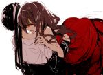  2girls alternate_costume ashigara_(kantai_collection) black_hair brown_hair dress hug kantai_collection long_hair multiple_girls nachi_(kantai_collection) red_dress red_eyes rin_(royal) side_ponytail 