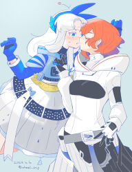  2girls blue_eyes blush commentary_request crew_dragon floating gloves hands_up highres kiss multiple_girls orange_hair original personification skirt spacecraft spacex starliner wheel_stop white_hair yuri zero_gravity 