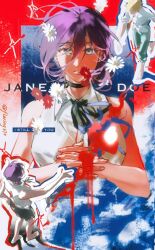  1boy 1girl aqua_eyes bare_shoulders barefoot black_choker black_pants black_ribbon black_shorts blonde_hair breasts chainsaw_man choker collared_shirt commentary denji_(chainsaw_man) flaring370 flower from_above grenade_pin hair_between_eyes hair_bun interlocked_fingers looking_at_viewer medium_breasts medium_hair neck_ribbon outstretched_hand own_hands_clasped own_hands_together pants parted_lips purple_hair red_flower reze_(chainsaw_man) ribbon shirt short_hair shorts sleeveless sleeveless_shirt sleeves_rolled_up song_name twitter_username updo upper_body walking white_flower white_shirt 