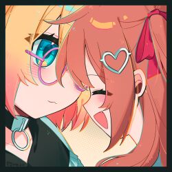  2girls :3 :d absurdres black_border black_choker blonde_hair blue_eyes blush border brown_hair choker close-up closed_eyes fang forehead-to-forehead glasses hair_ornament hair_ribbon halftone heads_together heart heart_hair_ornament highres indie_virtual_youtuber lingyou looking_at_another minikomew multiple_girls neuro-sama o-ring o-ring_choker pink-framed_eyewear red_ribbon ribbon round_eyewear smile two_side_up vedal_ai yellow_background 