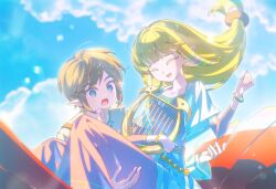  1boy 1girl bangle belt blonde_hair blue_eyes blue_sky blunt_bangs bracelet carrying closed_eyes clouds cloudy_sky colored_eyelashes dress gold_belt green_ribbon hashtag-only_commentary highres holding holding_instrument holding_lyre instrument jacket jewelry link long_dress long_hair low-tied_long_hair lyre open_mouth outdoors pink_dress pink_ribbon pointy_ears princess_carry princess_zelda ribbon shirt short_hair sidelocks sky smile sweatdrop the_legend_of_zelda the_legend_of_zelda:_skyward_sword upper_body white_jacket white_shirt znal_km 