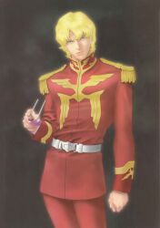  1boy absurdres belt blonde_hair blue_eyes char's_deleted_affair char_aznable epaulettes gundam highres kitazume_hiroyuki magazine_scan military_rank_insignia military_uniform neo_zeon official_art portrait promotional_art removing_eyewear scan science_fiction soldier sunglasses traditional_media 