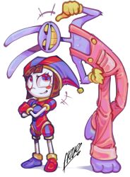  akayo61 animal_ears asymmetrical_gloves asymmetrical_legwear barefoot blue_eyes blue_gloves blue_hat blue_shoes brown_hair colored_skin colored_teeth crossed_arms full_body gloves grin hand_on_own_hip hat highres index_finger_raised jax_(the_amazing_digital_circus) jester_cap jester_costume leaning_to_the_side looking_at_another looking_to_the_side looking_up multicolored_eyes pomni_(the_amazing_digital_circus) puffy_short_sleeves puffy_sleeves purple_skin rabbit_boy rabbit_ears red_eyes red_gloves red_hat red_shoes red_suspenders shoes short_hair short_sleeves simple_background smile smirk standing standing_on_one_leg teeth the_amazing_digital_circus two-tone_eyes two-tone_hat white_background yellow_eyes yellow_gloves yellow_teeth 