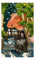  1girl absurdres animal apron bench black_dress black_hair black_shoes blush border brown_eyes closed_mouth collar collared_dress crescent crinoids day dress facing_viewer feeding fish fish_tank fishbowl floating goldfish headdress highres light_blush light_smile long_hair long_sleeves looking_at_another maid maid_apron maid_headdress mary_janes midair on_bench original outdoors outstretched_arm park parted_bangs puffy_sleeves railing scenery shade shoes sidelocks silhouette sitting sky smile socks solo star_(symbol) star_and_crescent surreal swimming tree tree_shade water white_apron white_border white_collar white_headdress white_socks wooden_railing 