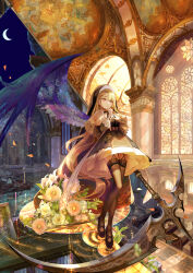  1girl absurdres arm_up black_ribbon black_shoes black_veil blonde_hair breasts brown_thighhighs capelet church commentary_request crescent_moon cross cross_necklace cross_print day_and_night dress feathered_wings finger_to_mouth flower gloves highres huge_weapon indoors ito_lab jewelry lace-trimmed_thighhighs lace_trim light_rays long_hair medium_breasts moon necklace nun nun_headdress original parted_lips pleated_dress purple_wings red_eyes ribbon scenery scythe shoes shushing side_part solo split_image stained_glass standing stole sunbeam sunlight thigh-highs veil very_long_hair weapon white_capelet white_gloves wings 