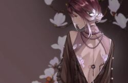  1girl absurdres backless_dress backless_outfit bare_back bead_necklace beads bei_lin black_jacket blurry blurry_background branch china_dress chinese_clothes dress floral_background flower flower_hairpin from_behind gradient_background gradient_hair hair_between_eyes highres jacket jewelry looking_to_the_side magnolia median_furrow multicolored_hair multiple_necklaces necklace official_alternate_costume path_to_nowhere pink_flower profile purple_hair red_background see-through_clothes see-through_jacket shadow shalom_(path_to_nowhere) shoulder_blades smile solo updo upper_body violet_eyes white_flower 