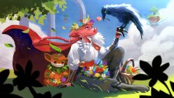  1boy 2others :3 absurdres animalization basket bird black_boots black_pants blue_eyes blue_flower blue_sky boots braid cape closed_mouth clouds cloudy_sky commentary crow day english_commentary falling_leaves floating_cape floating_island flower flower_basket flower_request glint green_eyes highres holding holding_flower holding_head_wreath hytale kloki_(jester_u) knee_up kweebec leaf long_hair long_sleeves looking_at_animal looking_at_object looking_down low-braided_long_hair low-tied_long_hair male_focus minecraft_youtube multiple_others o_o outdoors pants ph1lza pig_boy pink_flower pink_hair purple_flower red_cape red_flower shirt sitting sky smile technoblade vambraces white_flower white_shirt 