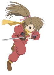  1girl artist_request brown_eyes brown_hair brown_shoes closed_mouth fingerless_gloves fujibayashi_suzu full_body game_cg gloves hair_ribbon holding holding_sword holding_weapon katana long_hair ninja official_art pants pink_ribbon ponytail red_pants red_shirt reverse_grip ribbon scarf shirt shoes solo sword tales_of_(series) tales_of_asteria tales_of_phantasia third-party_source transparent_background weapon wide_ponytail yellow_scarf 