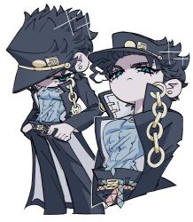  1boy :< absurdres belt black_coat black_hair black_hat black_pants blue_eyes closed_mouth coat collared_coat cropped_legs earrings eyelashes hat highres jewelry jojo_no_kimyou_na_bouken kujo_jotaro looking_at_viewer looking_to_the_side male_focus multiple_views pants peaked_cap piercing popped_collar short_hair sideways_glance simple_background slice_mochi stardust_crusaders stud_earrings two-sided_coat two-sided_fabric white_background white_coat 