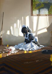  1girl absurdres apron black_dress black_hair broom cake commentary dress dropped_food english_commentary food frilled_apron frills fruit highres indoors koukouya long_sleeves maid maid_apron maid_headdress medium_hair on_floor original painting_(object) rubber_duck solo strawberry sunlight white_apron 