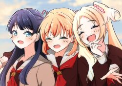  3girls :d ^_^ arm_around_neck blonde_hair blue_eyes blue_hair blue_ribbon blush brown_dress closed_eyes commentary crossed_bangs daime_(hyahhaa10) dress fang flower hair_flower hair_ornament hair_ribbon half_updo hasu_no_sanrenka hasu_no_sora_school_uniform highres hinoshita_kaho link!_like!_love_live! long_hair long_sleeves love_live! medium_hair multiple_girls murano_sayaka neckerchief open_mouth orange_hair osawa_rurino pink_flower red_neckerchief red_ribbon ribbon sailor_collar sailor_dress school_uniform skin_fang smile untranslatable_commentary upper_body virtual_youtuber white_sailor_collar winter_uniform 