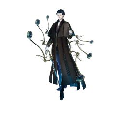  1boy black_bow black_bowtie black_coat black_pants black_vest blue_hair bow bowtie cane closed_mouth coat cowlick cross-laced_coat dress_shirt expressionless fate/grand_order fate_(series) full_body game_cg gloves green_eyes hair_slicked_back hand_up highres holding holding_cane holding_smoking_pipe long_coat long_sleeves looking_at_viewer magnifying_glass male_focus official_art open_clothes open_coat pants sherlock_holmes_(fate) shirt shoes short_hair smoking_pipe solo standing tachi-e thigh_strap third-party_source traditional_bowtie transparent_background vest white_gloves white_shirt wingtip_collar yamanaka_kotetsu 
