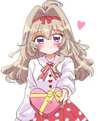  1girl ahoge biwako_(biwa27) blush breasts brown_hair casual commentary_request gift hair_between_eyes hair_ornament highres horse_girl long_hair looking_at_viewer meitantei_precure! moria_luluka precure small_breasts smile solo valentine violet_eyes white_background 
