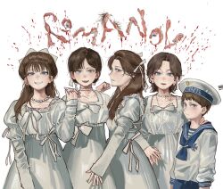  1boy 4girls :d alexei_nikolaevich_romanov anastasia_nikolaevna_romanova blue_eyes blush brown_hair child collarbone dress earrings guro hat highres implied_death jewelry long_hair long_sleeves looking_at_viewer maria_nikolaevna_romanova medal min_do-sik multiple_girls olga_nikolaevna_romanova open_mouth real_life regicide russian_empire sailor short_hair simple_background smile tatiana_nikolaevna_romanova true_crime white_background white_dress 