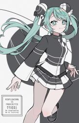  1girl aqua_eyes aqua_hair aqua_nails black_shirt black_shoes black_skirt blush_stickers bun_cover double_bun hair_bun hatsune_miku hatsune_miku_(conflict) highres long_hair looking_at_viewer maca1227 miniskirt nail_polish pleated_skirt project_diva_(series) shirt shoes skirt solo twintails two-tone_shirt two-tone_skirt ura-omote_lovers_(vocaloid) vocaloid white_shirt white_skirt 