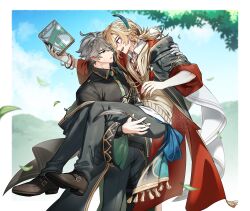  2boys absurdres alhaitham_(genshin_impact) arm_up black_coat black_shirt black_shoes blonde_hair border bracelet carrying carrying_person coat collared_shirt commentary_request eye_contact feather_hair_ornament feathers genshin_impact green_eyes grey_pants hair_ornament highres jewelry kaveh_(genshin_impact) long_hair long_sleeves looking_at_another male_focus multiple_boys multiple_bracelets open_collar open_mouth outdoors pants parted_bangs princess_carry red_coat red_eyes round_teeth shirt shoes short_hair standing sweater teeth tree triangle_mouth two-sided_coat two-sided_fabric waruinu watermark white_border wide_sleeves wing_collar 