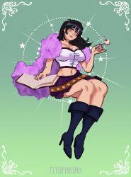  1girl artist_name black_boots black_hair blunt_bangs blush boots cape closed_mouth commentary crop_top english_commentary full_body fur_cape green_background highres holding holding_boots holding_spoon holding_unworn_clothes long_hair midriff navel nico_robin one_piece purple_cape purple_skirt simple_background skirt smile solo spoon titofabiolo unworn_boots 