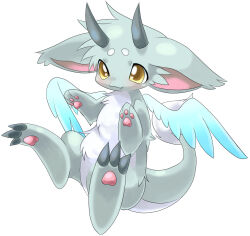  1other :3 blush chibikemo claws commentary_request dragon dragon_ears dragon_horns dragon_tail fang full_body furry grey_fur horns light_blush original other_focus pawpads simple_background sitting solo suppainu tail white_background wings yellow_eyes 