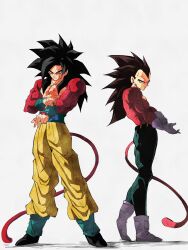  absurdres blue_sash boots dougi dragon_ball dragon_ball_gt full_body green_eyes highres looking_at_viewer male_focus monkey_tail muscular muscular_male pants pato007711 sash simple_background son_goku spiky_hair super_saiyan super_saiyan_4 tail vegeta white_background 