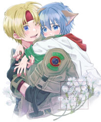  19670615t 2boys animal_ears blonde_hair blue_eyes blue_hair carrying cat_ears claude_c._kenny closed_mouth commentary_request flower gloves lab_coat leon_geeste male_focus multiple_boys one_eye_closed open_mouth piggyback short_hair simple_background star_ocean star_ocean:_the_second_story watermark white_background 