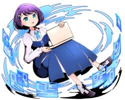  1girl 3nu_m :d absurdres azabu_mai black_shoes blue_cross_tie blue_dress blue_eyes center_frills collared_shirt commentary_request computer cross_tie dress floating frills full_body highres holographic_interface ikizulive!_love_live!_bluebird laptop long_dress looking_at_viewer love_live! object_on_lap open_mouth pleated_dress purple_hair shirt shoes smile solo strapless strapless_dress white_background white_shirt 