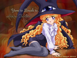  1girl artist_name bad_id black_cape black_corset black_hat black_skirt black_thighhighs blonde_hair blue_eyes cape copyright_name corset dated frilled_sleeves frills full_body hat lilith_(yamibou) long_hair long_sleeves looking_at_viewer miniskirt no_shoes open_mouth pencil_skirt projected_inset puffy_sleeves shirt sitting skirt smile takachan thigh-highs wavy_hair white_shirt witch_hat yami_to_boushi_to_hon_no_tabibito yokozuwari 