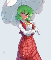  1girl absurdres ahoge ascot collared_shirt commentary_request green_eyes hakunemui highres holding holding_umbrella kazami_yuuka looking_at_viewer medium_hair red_eyes red_vest shirt solo touhou umbrella vest watermark white_shirt yellow_ascot 