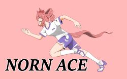  absurdres animal_ears blue_shorts bow brown_hair character_name drill_hair drill_sidelocks ear_bow from_side frown gym_shirt gym_shorts gym_uniform highres horse_ears horse_hood horse_tail igouichigata kasamatsu_tracen_training_uniform medium_hair norn_ace_(umamusume) open_mouth pink_background red_bow shirt shoes short_sleeves shorts side_drill sidelocks simple_background socks t-shirt tail white_shirt white_shoes white_socks 