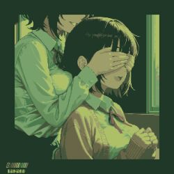  2girls artist_name black_hair border cardigan collared_shirt color_guide commentary_request covering_another's_eyes from_side grin highres indoors limited_palette long_sleeves medium_hair multiple_girls open_mouth original own_hands_together pixel_art shirt shirt_tucked_in smile specialhanako window 