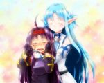  2girls asuna_(sao) asuna_(sao-alo) blue_hair breastplate closed_eyes crying detached_sleeves fingerless_gloves gloves hairband long_hair multiple_girls pointy_ears purple_hair rokuroubuna sword_art_online tears yuuki_(sao) 