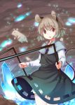  1girl akagashi_hagane animal_ears bloomers capelet clouds cloudy_sky dowsing_rod dress gem grey_dress grey_hair jewelry long_sleeves looking_at_viewer mouse mouse_ears mouse_tail nazrin necklace pendant red_eyes see-through sky solo tail touhou underwear 