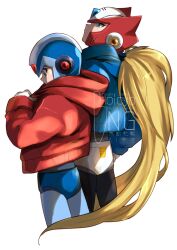  2boys blonde_hair blue_helmet blue_jacket commentary cowboy_shot forehead_jewel from_behind helmet highres hoicyo jacket long_hair mega_man_(series) mega_man_x_(series) multiple_boys red_helmet red_jacket simple_background untranslatable_commentary watermark white_background x_(mega_man) zero_(mega_man) 