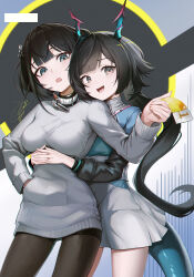  2girls :d anizi arknights arknights:_endfield behind_another black_hair black_pantyhose blue_tail breasts chen_qianyu_(arknights) chromatic_aberration commentary_request cowboy_shot dress endministrator_(arknights) female_endministrator_(arknights) grey_dress grey_eyes grey_skirt hand_in_pocket heads_together highres holding horns hug hug_from_behind interlocked_fingers light_blush long_hair long_sleeves medium_breasts multiple_girls open_mouth own_hands_together pantyhose short_dress short_hair signature skirt smile standing sweater sweater_dress tail turtleneck turtleneck_dress 