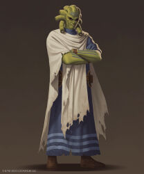  1boy 5health absurdres alien blue_robe boots brown_background brown_boots brown_eyes cloak colored_skin copyright_name crossed_arms full_body green_skin highres looking_at_viewer nautolan robe solo star_wars star_wars:_the_high_republic torn_cloak torn_clothes werth_plouth white_cloak 