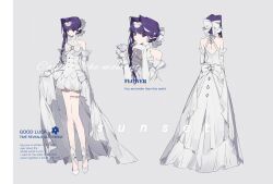  1girl absurdres arm_bow back_bow back_cutout bow bow_earrings bow_legwear bowtie braid buttons closed_mouth clothing_cutout collared_dress cup diamond_print dot_nose double-breasted dress earrings elbow_gloves expressionless eyelashes frilled_dress frilled_gloves frills gloves gown grey_background hair_bow hair_intakes hair_over_shoulder hairband hand_on_own_chin high_collar high_heels highres holding holding_cup jewelry light_smile long_dress long_hair multiple_views open_clothes open_dress original pointy_ears purple_hair reference_sheet sample_watermark shen_a_fang shoes shoulder_blades single_braid skirt_hold sleeveless sleeveless_dress standing striped_bow striped_bowtie striped_clothes teacup thigh_strap violet_eyes watermark white_bow white_bowtie white_dress white_gloves white_hairband white_shoes 