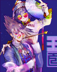  :o alternate_costume blue_background blue_jacket blue_vest brooch checkered_hat chinese_clothes collared_shirt commentary_request confused contrast_collar danganronpa_(series) danganronpa_v3:_killing_harmony delidelidelic dress_shirt earrings eyes_visible_through_hair facial_hair fingernails floral_print folding_fan goatee gradient-tinted_eyewear hand_fan hand_on_another's_shoulder hat high_collar highres holding holding_fan holding_smoking_pipe jacket jacket_partially_removed jewelry layered_sleeves light_particles long_sleeves male_focus mandarin_collar momota_kaito nail_polish oma_kokichi open_mouth pink-tinted_eyewear pink_nails print_sleeves purple_hair purple_jacket qingdai_guanmao raised_eyebrow round_eyewear see-through_clothes see-through_sleeves ship_name shirt sleeve_cuffs smirk smoking smoking_pipe smug stud_earrings sunglasses tassel tinted_eyewear v-neck vest violet_eyes white_hat white_shirt yellow-tinted_eyewear 