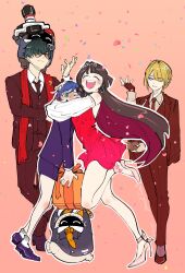  03_kyv 1boy 3girls ^_^ astra_yao bangboo_(zenless_zone_zero) belle_(zenless_zone_zero) black_gloves black_hair black_necktie black_pants black_suit blonde_hair blue_hair blue_jacket blue_skirt closed_eyes collared_shirt commentary_request confetti crossed_arms crossed_bangs dress dress_pants earrings eous_(zenless_zone_zero) evelyn_chevalier fingerless_gloves glasses gloves hair_ornament high_heels highres hoop_earrings hug jacket jewelry letter_hair_ornament lighter_(zenless_zone_zero) long_hair multiple_girls necktie open_mouth pants pencil_skirt purple_hair red_dress shirt short_hair skirt smile standing standing_on_one_leg suit suit_jacket white_shirt zenless_zone_zero 