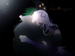  2boys ahoge androgynous black_background black_gloves black_helmet black_jacket blurry bridal_gauntlets chinese_commentary chromatic_aberration collared_jacket commentary_request depth_of_field flipped_hair from_behind gatling_pea_(plants_vs._zombies) gloves gradient_hair green_hair hand_on_another's_back hand_on_another's_shoulder head_on_another's_shoulder helmet highres hug huge_ahoge jacket light_particles long_hair long_sleeves male_focus medium_hair multicolored_hair multiple_boys personification plants_vs._zombies plants_vs._zombies_2 purple_bridal_gauntlets purple_robe robe shadow_peashooter_(plants_vs._zombies) siiiiiiiiiii simple_background star_(symbol) star_print two-tone_hair upper_body white_hair 