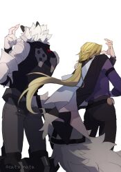  2boys animal_ears black_pants blonde_hair body_fur catxmata chuunibyou commentary_request cowboy_shot from_behind furry furry_male furry_with_non-furry hand_over_eye hugo_vlad interspecies long_hair male_focus multiple_boys pants purple_shirt shirt tail tail_belt von_lycaon white_background white_fur wolf_boy wolf_ears wolf_tail zenless_zone_zero 