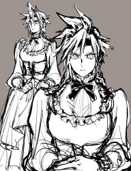  1boy braid closed_mouth cloud_strife commentary_request crossdressing crossdressing_(mtf) dress feet_out_of_frame final_fantasy grey_background hair_between_eyes highres long_dress long_sleeves male_focus multiple_views neck_ribbon nidaino_tori prototype_design puffy_long_sleeves puffy_sleeves ribbon sketch solo spiky_hair twin_braids upper_body 
