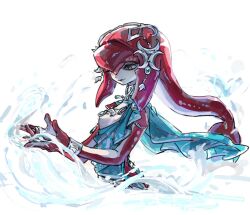  1girl aqua_sash breasts closed_mouth colored_skin fins fish_girl gucandiyi52092 head_fins light_smile medium_breasts mipha monster_girl multicolored_skin own_hands_together partially_submerged red_skin sash silver_jewelry solo the_legend_of_zelda the_legend_of_zelda:_breath_of_the_wild two-tone_skin upper_body white_background white_skin yellow_eyes zora 