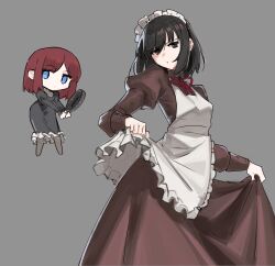  2girls alternate_costume apron black_dress black_eyes black_hair blue_eyes brown_dress chibi cosplay costume_switch dress enmaided frying_pan grey_background highres hisui_(tsukihime) hisui_(tsukihime)_(cosplay) holding holding_frying_pan jonyeld juliet_sleeves kuonji_alice kuonji_alice_(cosplay) long_sleeves looking_at_viewer mahou_tsukai_no_yoru maid maid_apron maid_headdress multiple_girls neck_ribbon puffy_sleeves red_hair red_ribbon ribbon simple_background trait_connection tsukihime white_apron 