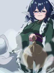  1girl blue_eyes blue_hair blush commentary_request delta_delta drill_hair fins fish_tail frills green_kimono hair_between_eyes head_fins highres holding holding_teapot japanese_clothes kimono long_sleeves medium_hair mermaid monster_girl solo steam tail teapot touhou trembling wakasagihime water 