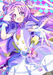  1girl :d abstract_background absurdres ahoge akechi_anna back_bow blue_eyes blush bow brooch buttons capelet cowboy_shot cure_answer dot_nose double-breasted double_bun dress finger_to_face fingerless_gloves fingernails glove_bow gloves hair_bun hair_intakes hair_ornament heart heart_brooch highres jewelry kakasi8922 layered_dress long_hair looking_at_viewer magical_girl meitantei_precure! open_mouth outstretched_hand pact_holder precure purple_bow purple_capelet purple_dress purple_hair purple_nails purple_theme smile solo standing white_gloves yellow_bow 