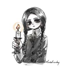  1girl bags_under_eyes black_hair black_jacket braid buttons candle character_name closed_mouth collared_shirt copyright_name fire flat_chest gucandiyi52092 hair_over_shoulder hashtag-only_commentary holding holding_candle jacket long_hair looking_at_viewer parted_bangs school_uniform shirt solo spot_color the_addams_family twin_braids upper_body wednesday_(netflix) wednesday_addams white_background 