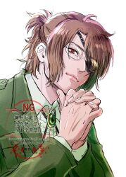  1other akizakura bolo_tie brown_hair closed_mouth collared_shirt commentary eyepatch gem glasses green_gem green_jacket hair_over_one_eye half_updo hange_zoe highres jacket looking_at_viewer medium_hair military_jacket own_hands_clasped own_hands_together paradis_military_uniform parted_bangs ponytail red_eyes shingeki_no_kyojin shirt solo untranslatable_commentary upper_body white_background white_shirt 